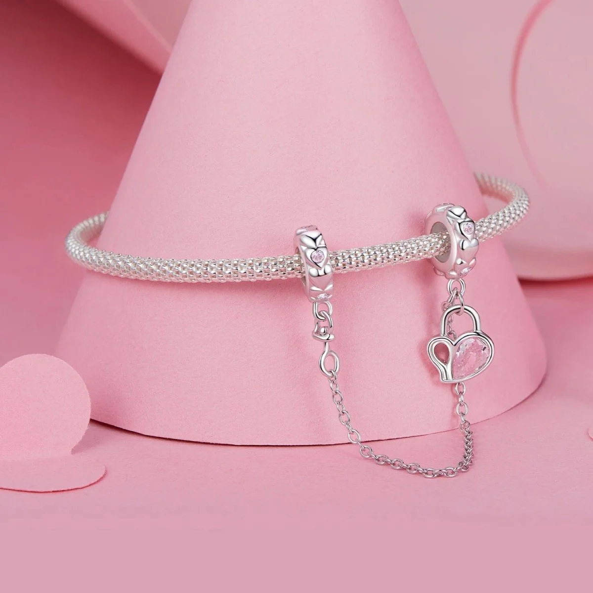 Delicate Pink Crystal Heart Safety Chain Charm