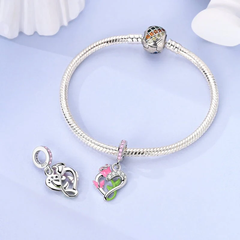 Blooming Rose & Butterfly Heart Dangle Charm