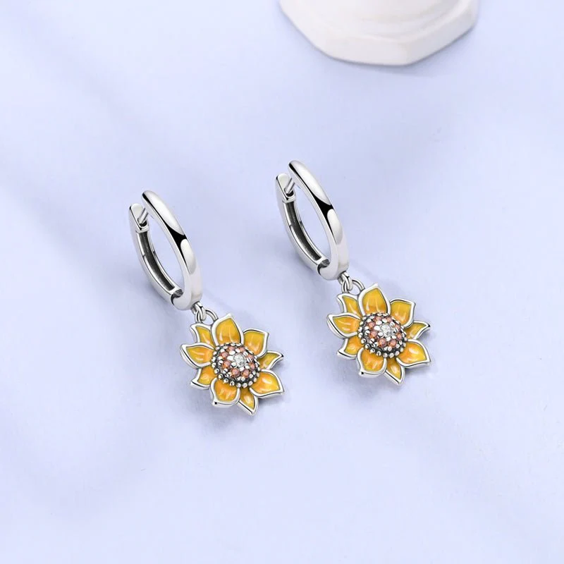Sunflower Bloom Drop Hoop Earrings