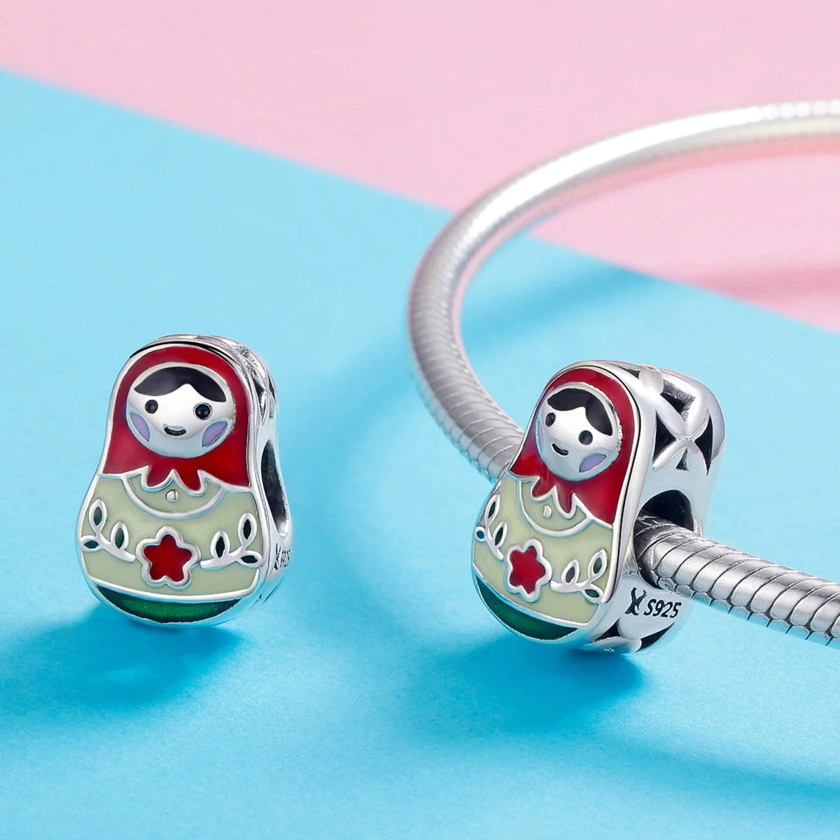 Charming Matryoshka Doll with Red Enamel Accents Charm