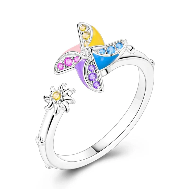 Rainbow Pinwheel Open-Band Adjustable Ring with Sparkling Stones