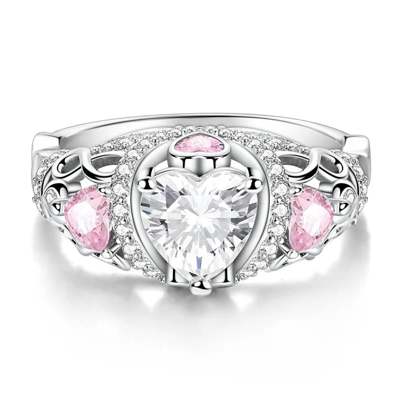 Sparkling Crown Ring with Pink and Clear Heart-Shaped Stones