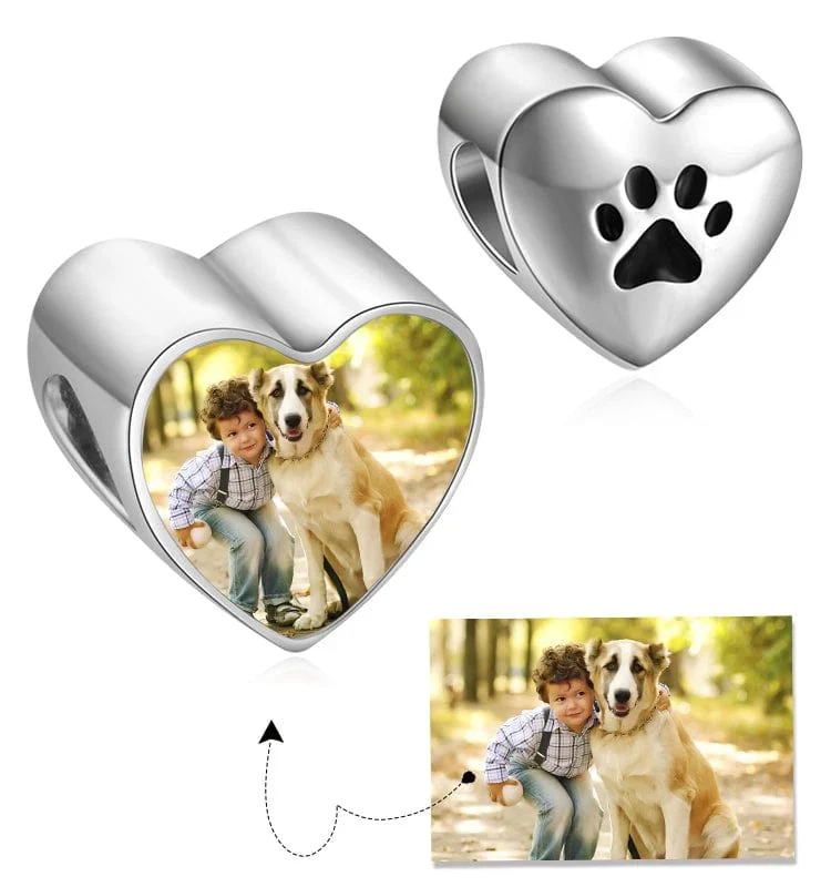 Personalized Pet Paw Print Heart Photo Charm