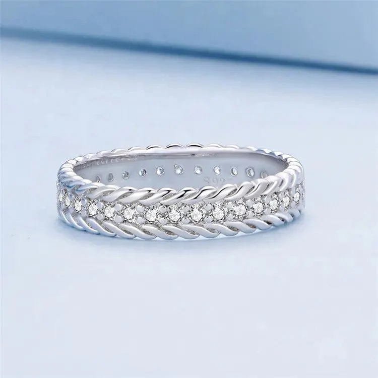 Rope Design Sterling Silver Ring with Dazzling Crystals