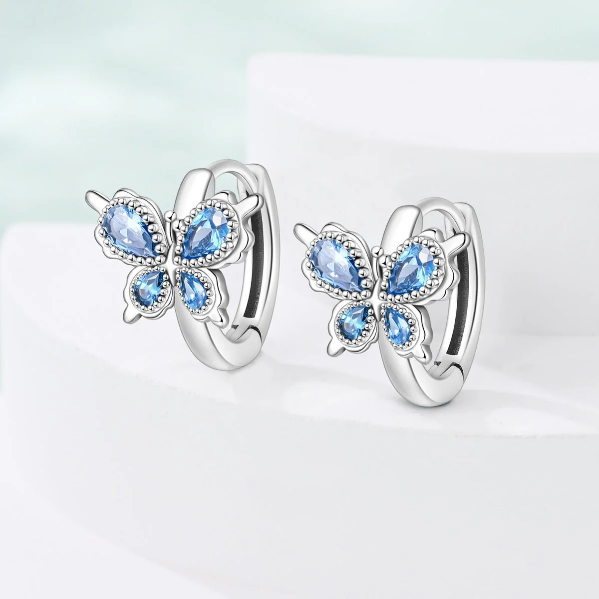 Blue Butterfly with Crystal Wings Hoop Earrings