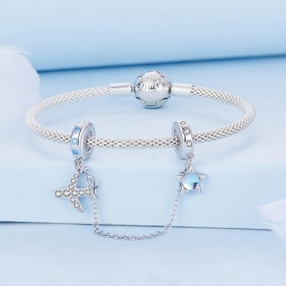 Celestial Star & Airplane with Blue Zircon Accents Safety Chain Charm