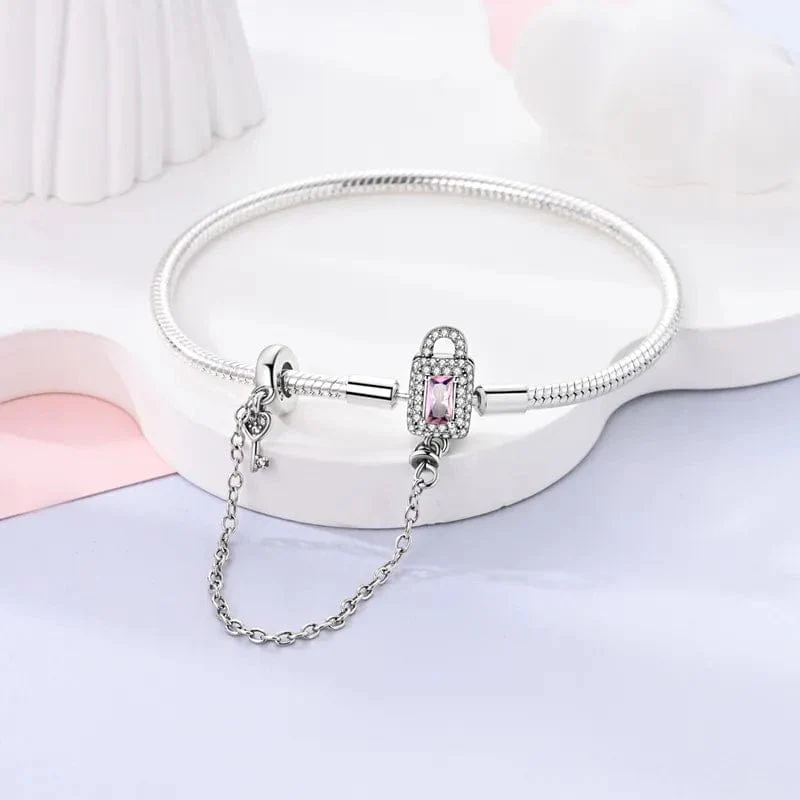 Lock and Key Bracelet with Pink Crystal and Safety Chain