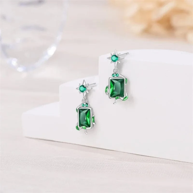 Silver Star & Green Gemstone Vine Drop Earrings