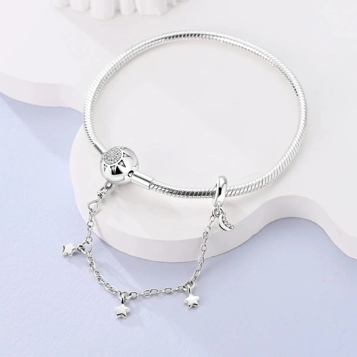 Sunburst Clasp Snake Chain Bracelet with Star Charm Safety Chain