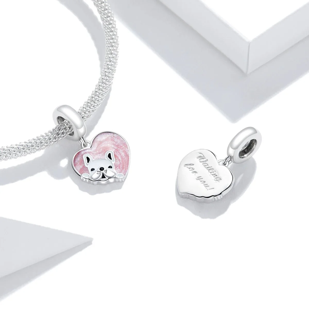 French Bulldog Love Pink Heart Dangle Charm