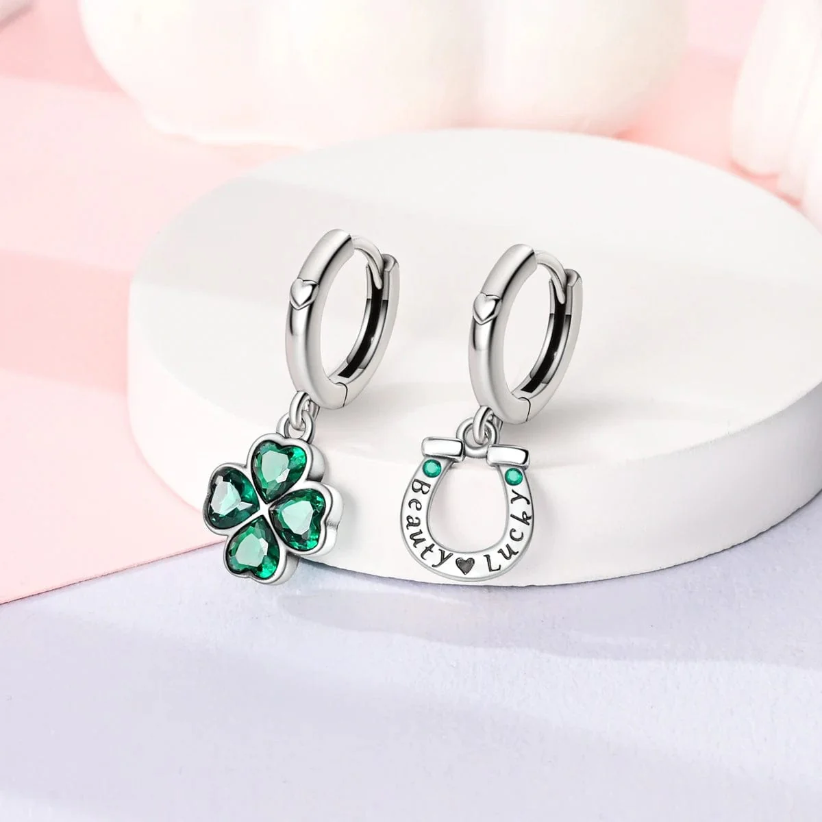 Lucky Clover & Horseshoe Hoop Earrings with Green Crystals