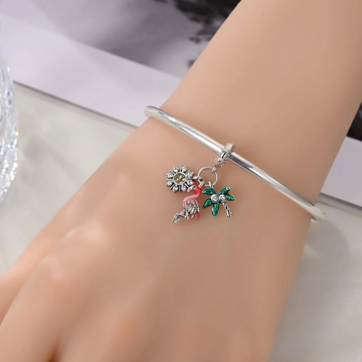 Flamingo, Palm Tree & Sunflower Triple Dangle Charm