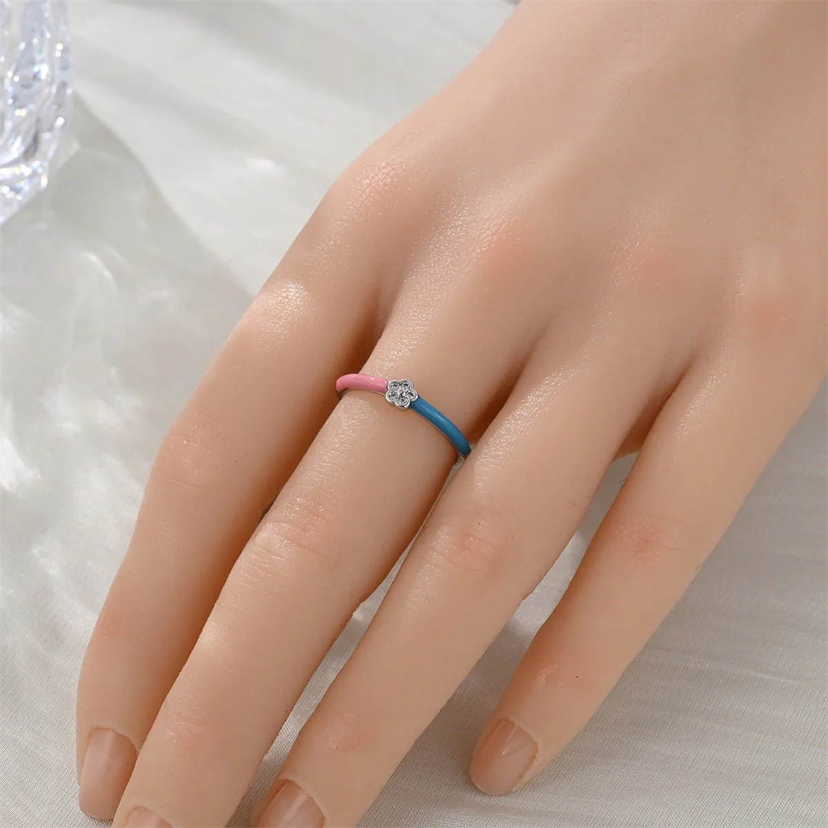 Pink & Blue Enamel Flower Ring