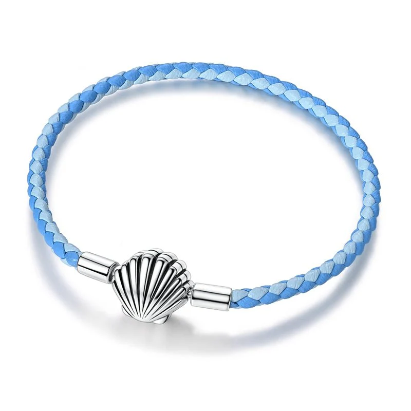 Ocean Blue Braided Leather Bracelet with Seashell Clasp