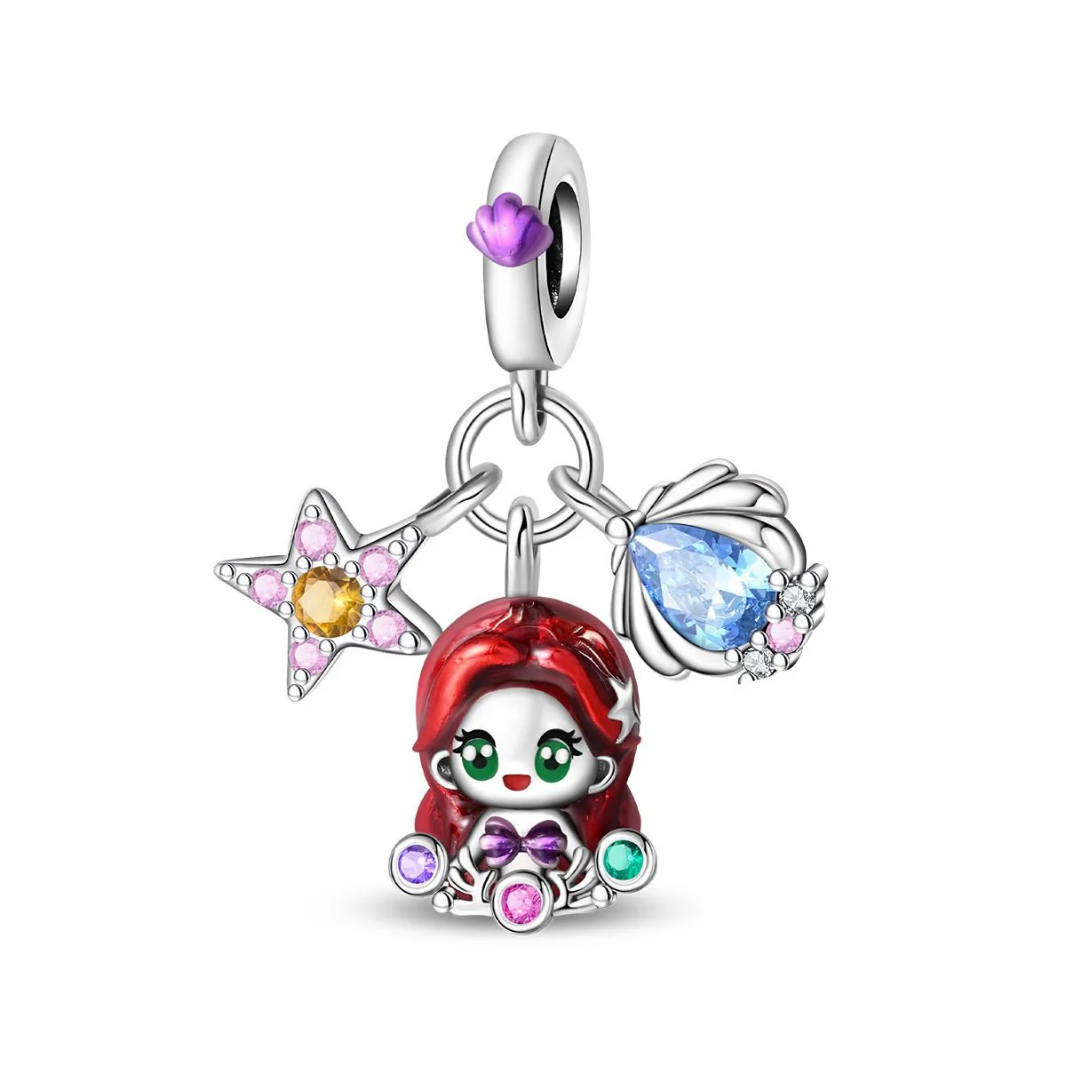 Ariel with Red Hair, Starfish, & Seashell Dangle Charm