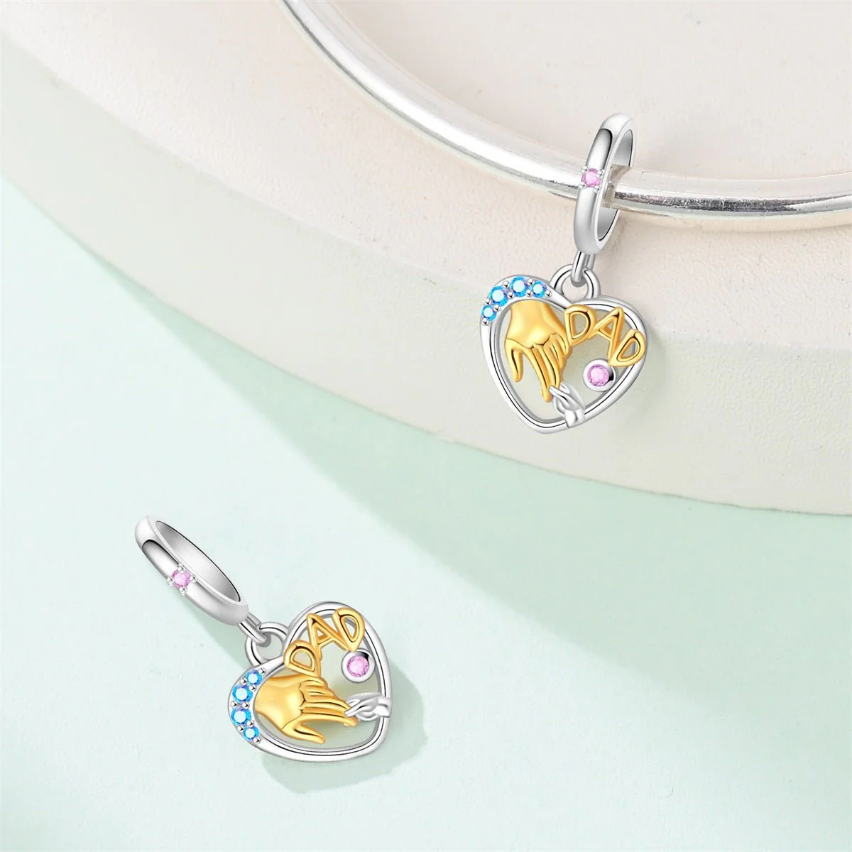 Dad & Child Holding Hands Heart Dangle Charm