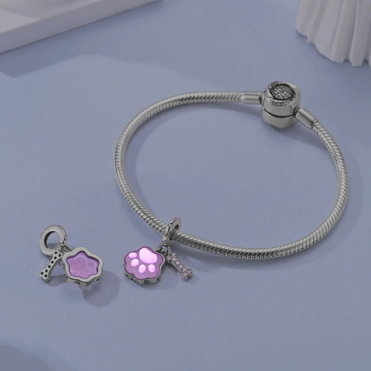 Glow in the Dark Luminous Pink Paw & Bone Dangle Charm