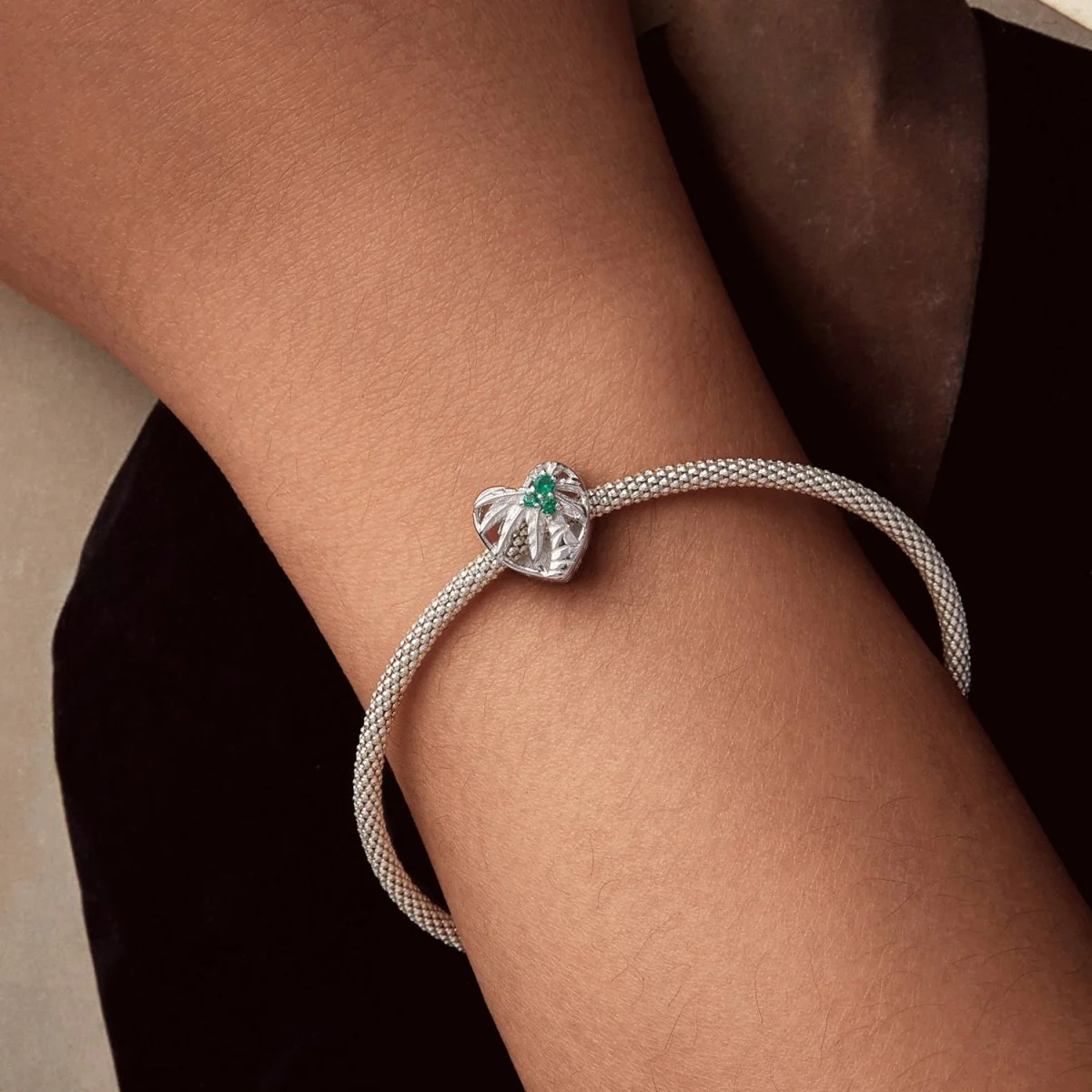 Heart-Shaped Palm Tree & Green Crystal Charm