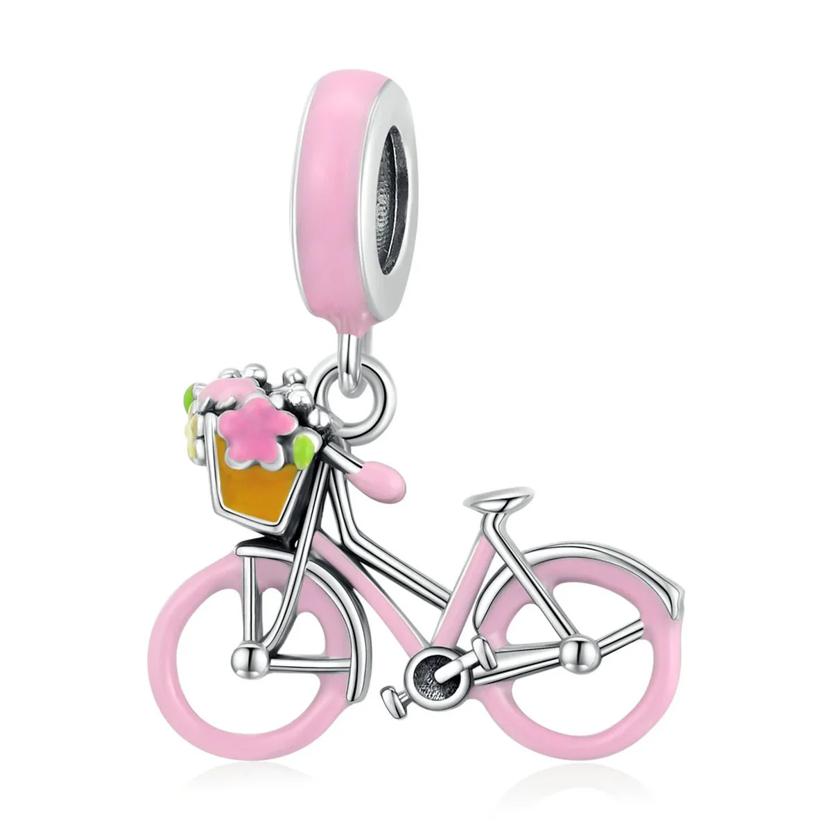 Pink Bicycle with Flower Basket Dangle Charm