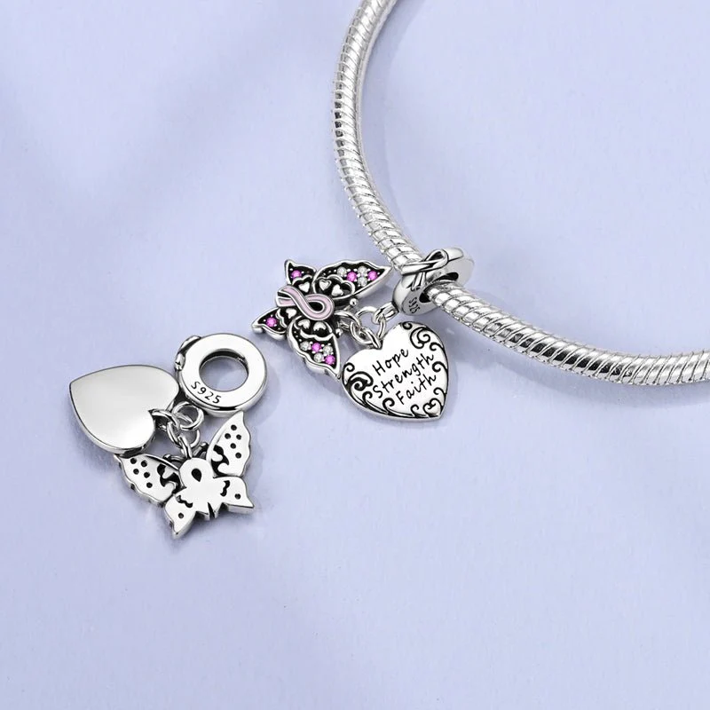 Strength & Faith Butterfly & Heart Dangle Charm