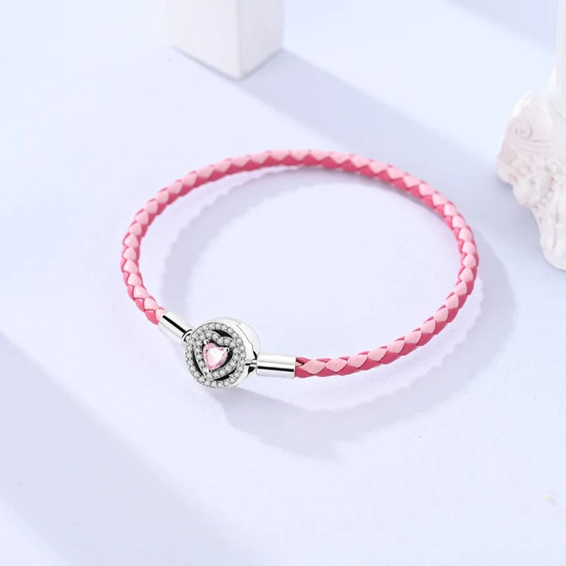 Pink Braided Leather Bracelet with Heart Clasp