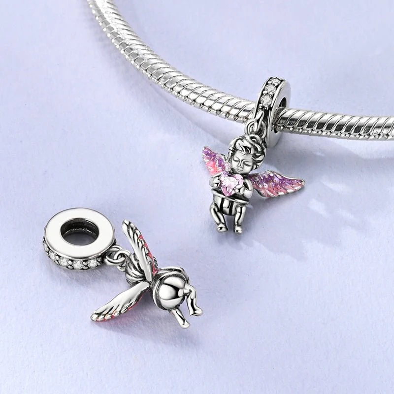 Cherub Angel with Pink Heart Dangle Charm