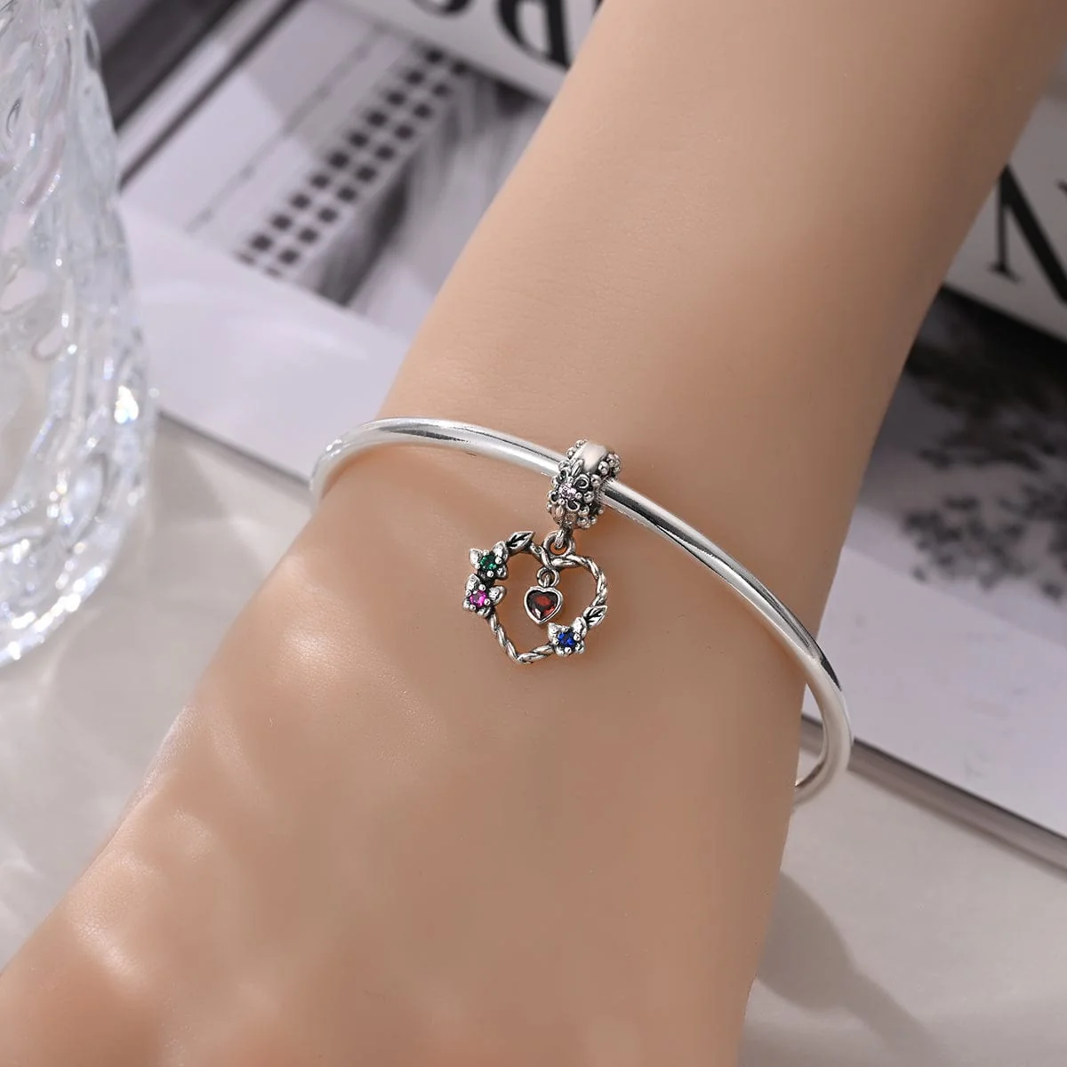 Floral Wreath & Heart Dangle Charm