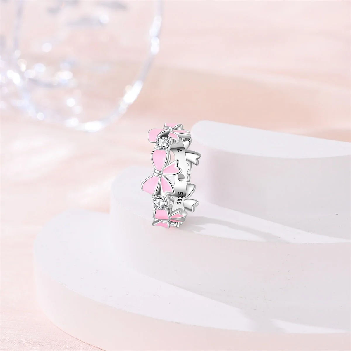 Pink Enamel Bows & Sparkling Stones Ring
