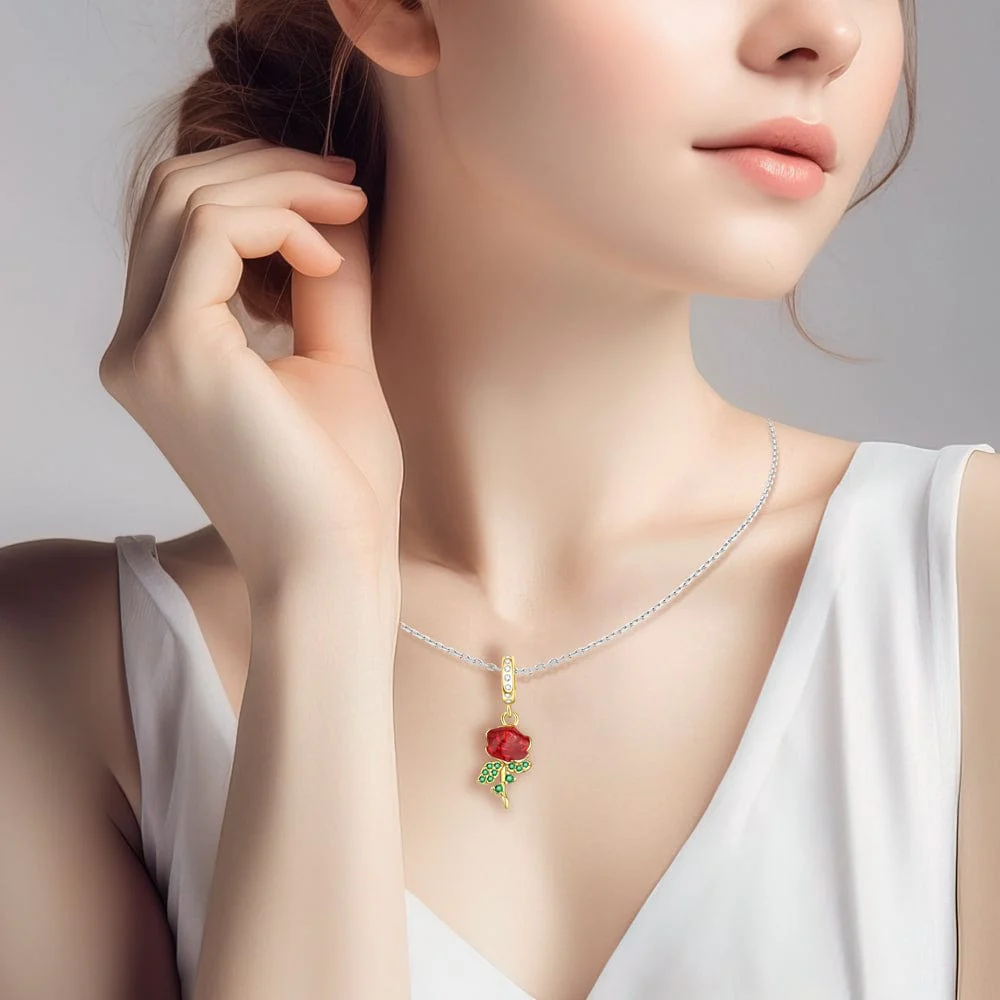 Red Rose Charm with Green Crystal Leaves