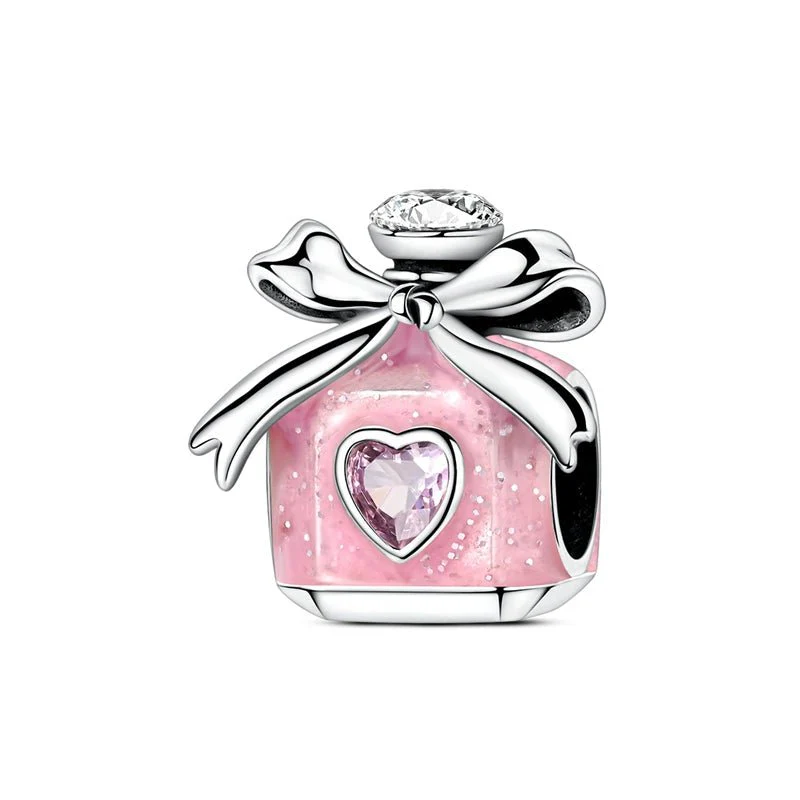 Pink Enamel Perfume Bottle with Bow & Heart Charm