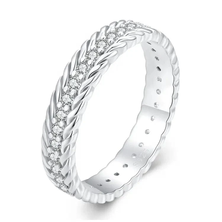 Rope Design Sterling Silver Ring with Dazzling Crystals