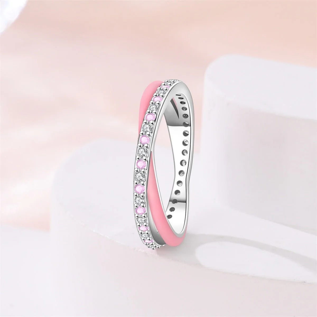 Pink Enamel & Sparkling Pavé Ring