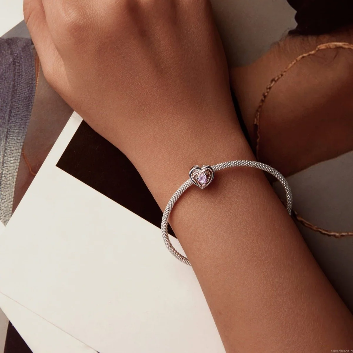 Intertwined Rose Gold & Silver Heart with Pink Crystal Heart Charm