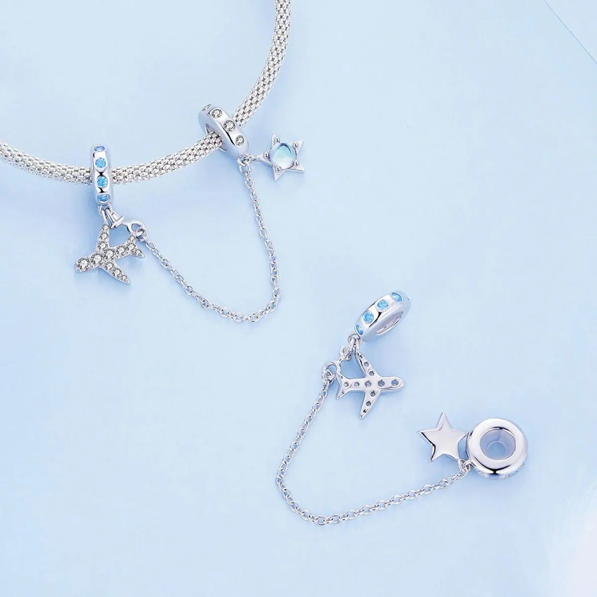 Celestial Star & Airplane with Blue Zircon Accents Safety Chain Charm