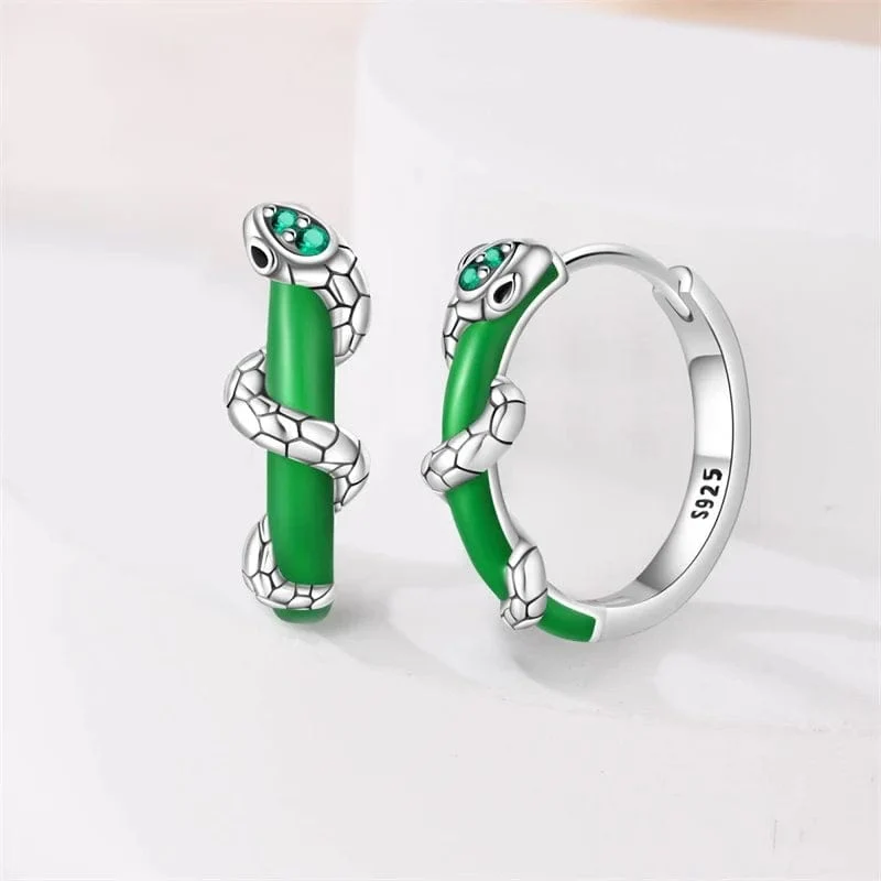 Green Enamel Snake Hoop Earrings