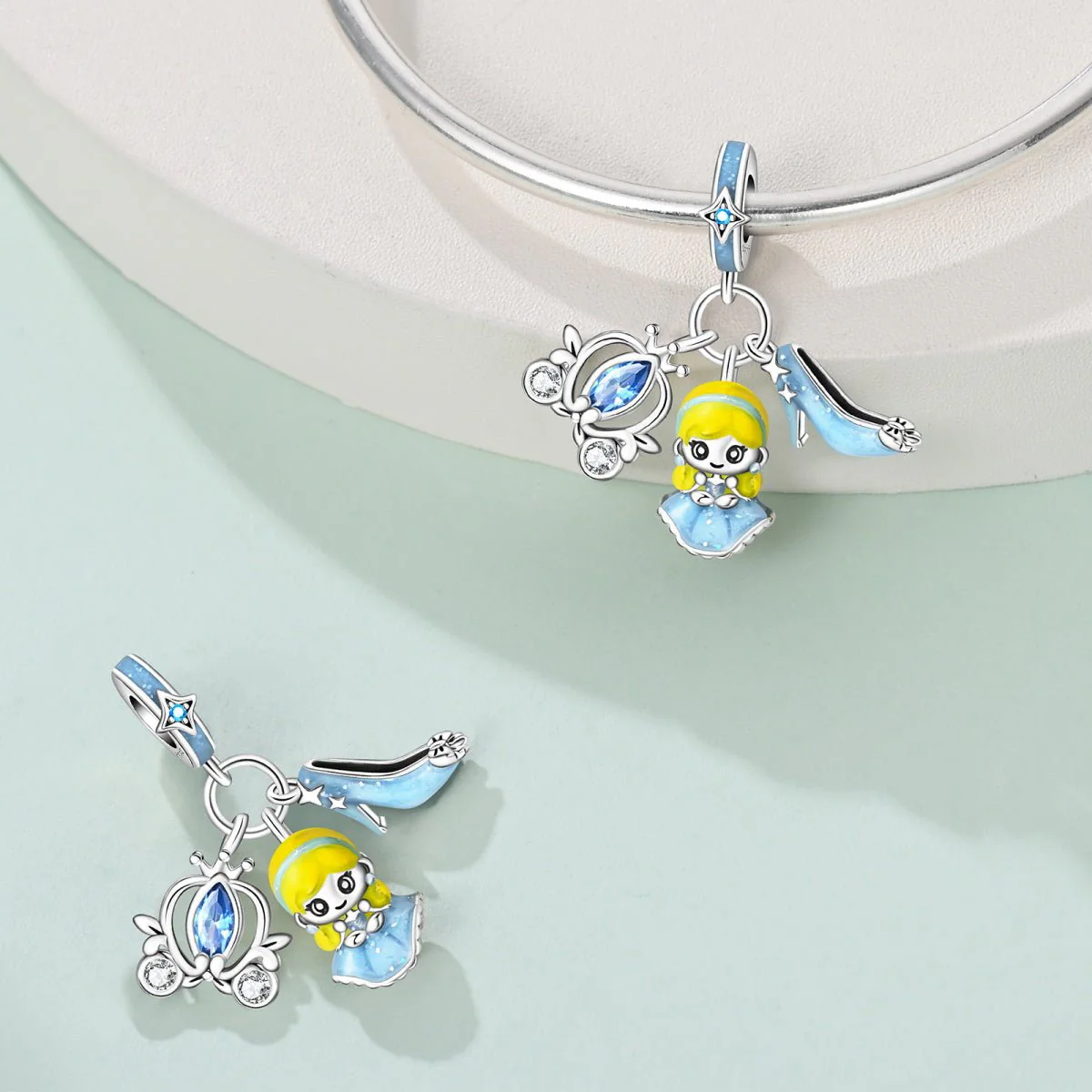 Cinderella with Blue Dress, Glass Slipper, & Carriage Dangle Charm