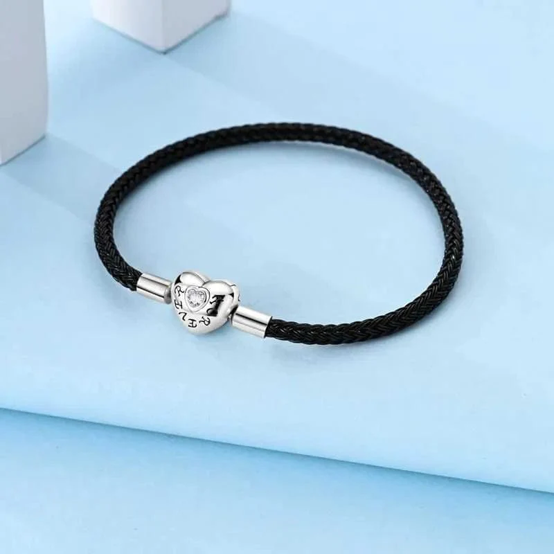 Black Braided Leather Bracelet with Heart Clasp