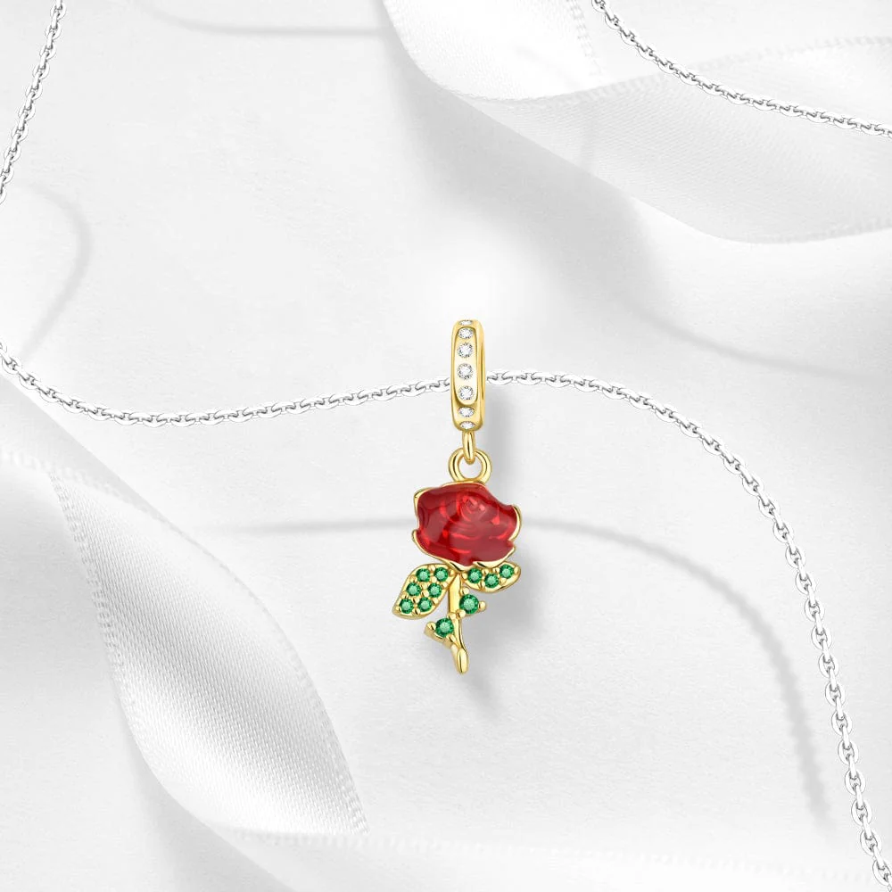 Red Rose Charm with Green Crystal Leaves