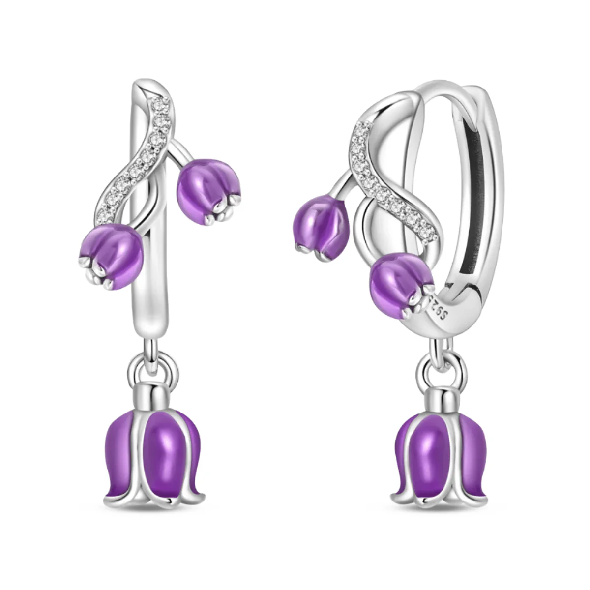 Purple Bellflower Dangle Hoop Earrings