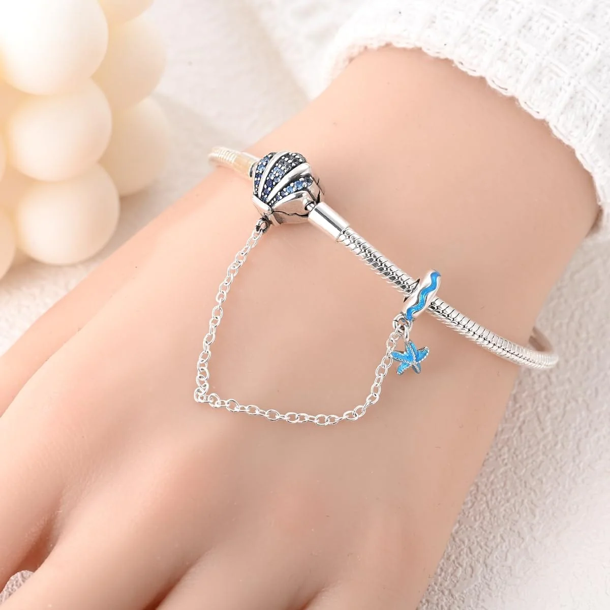 Ocean-Themed Bracelet with Blue Crystal Seashell and Starfish Charms