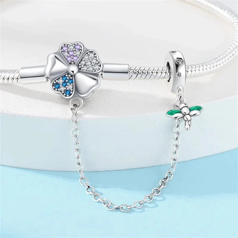 Clover and Dragonfly Charm Bracelet with Safety Chain
