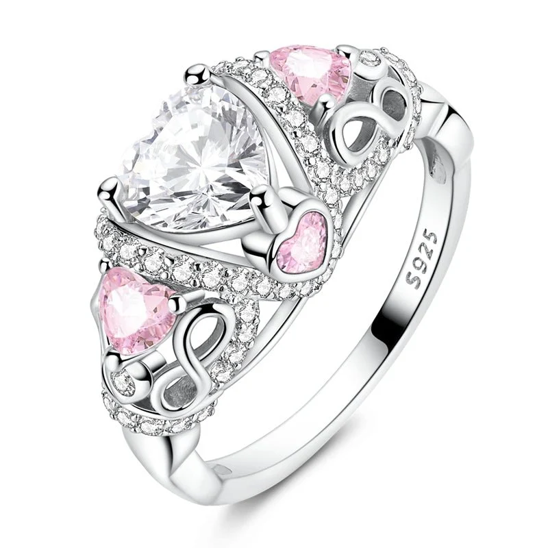 Sparkling Crown Ring with Pink and Clear Heart-Shaped Stones