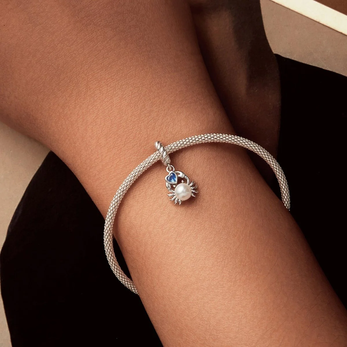 Crab with Pearl & Blue Heart Dangle Charm