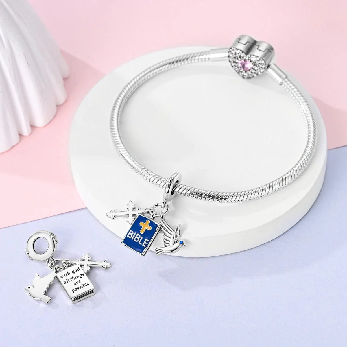 Faithful Bible Charm with Cross & Dove