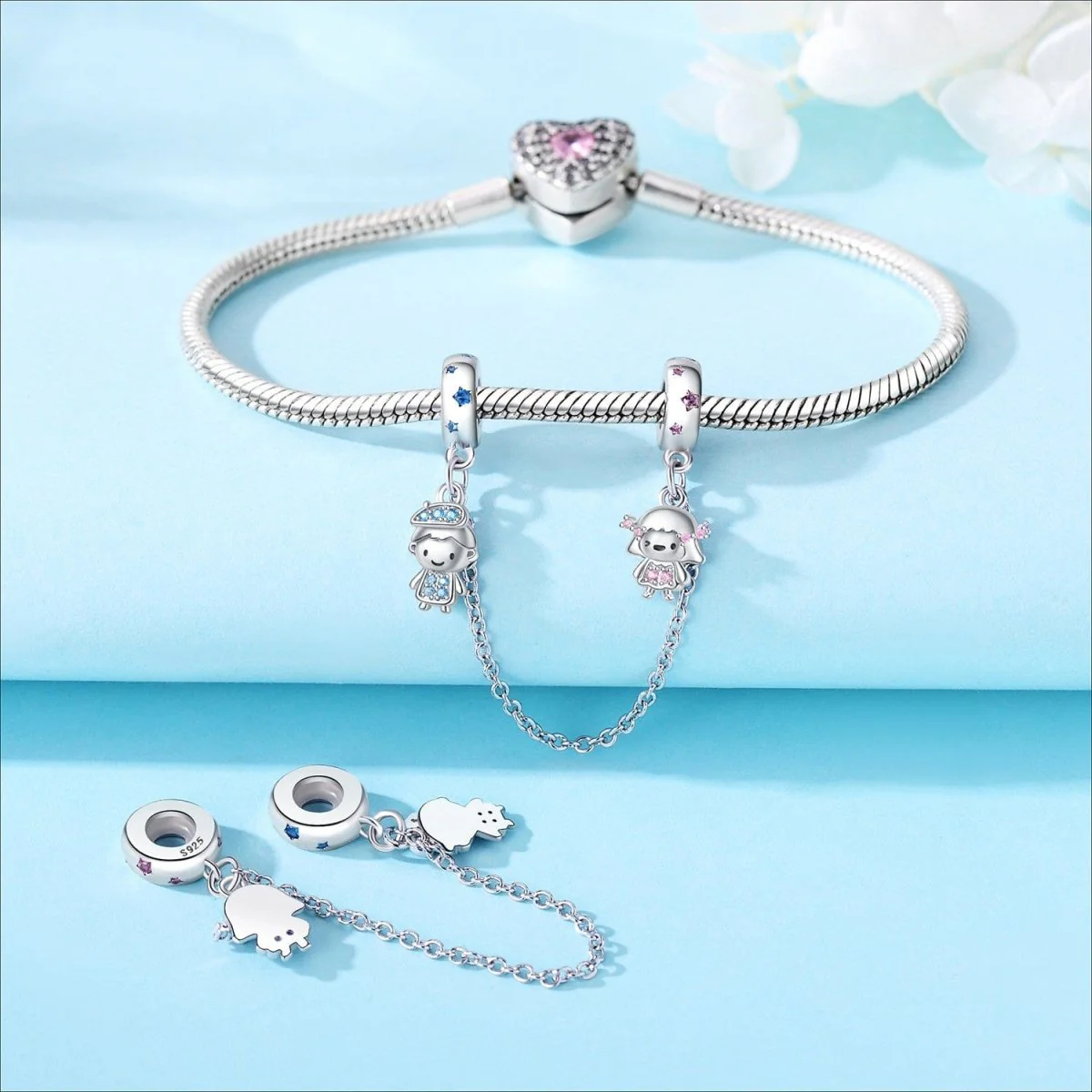 Boy and Girl Safety Chain with Blue and Pink Crystals