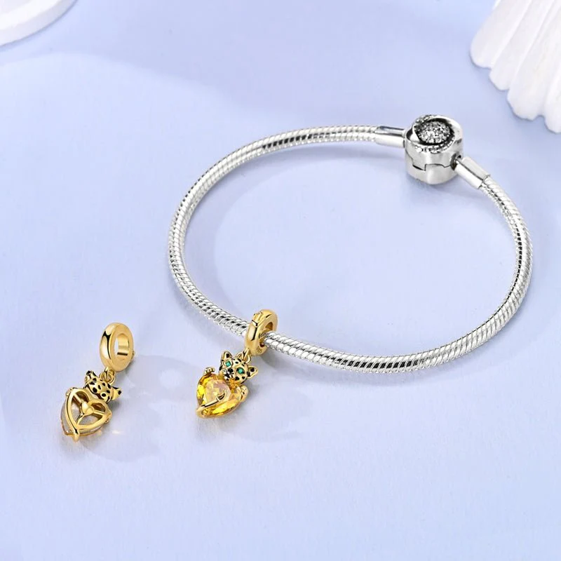 Golden Leopard with Yellow Heart Dangle Charm