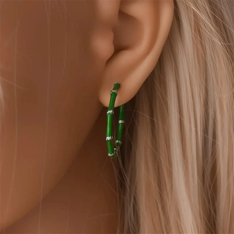 Green Bamboo Hoop Earrings