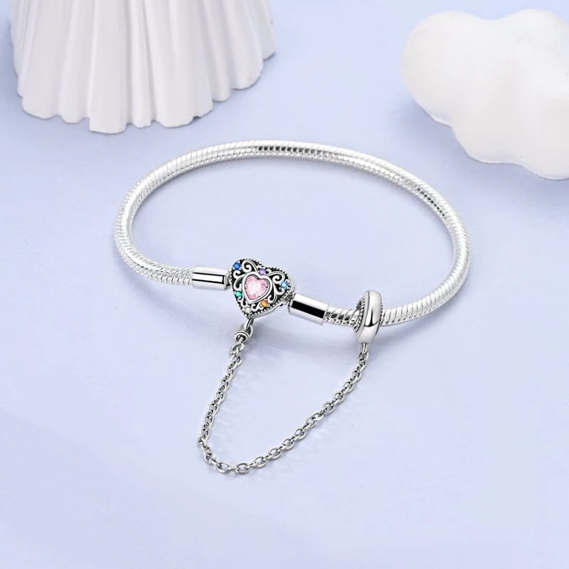 Rainbow Heart Bracelet with Safety Chain