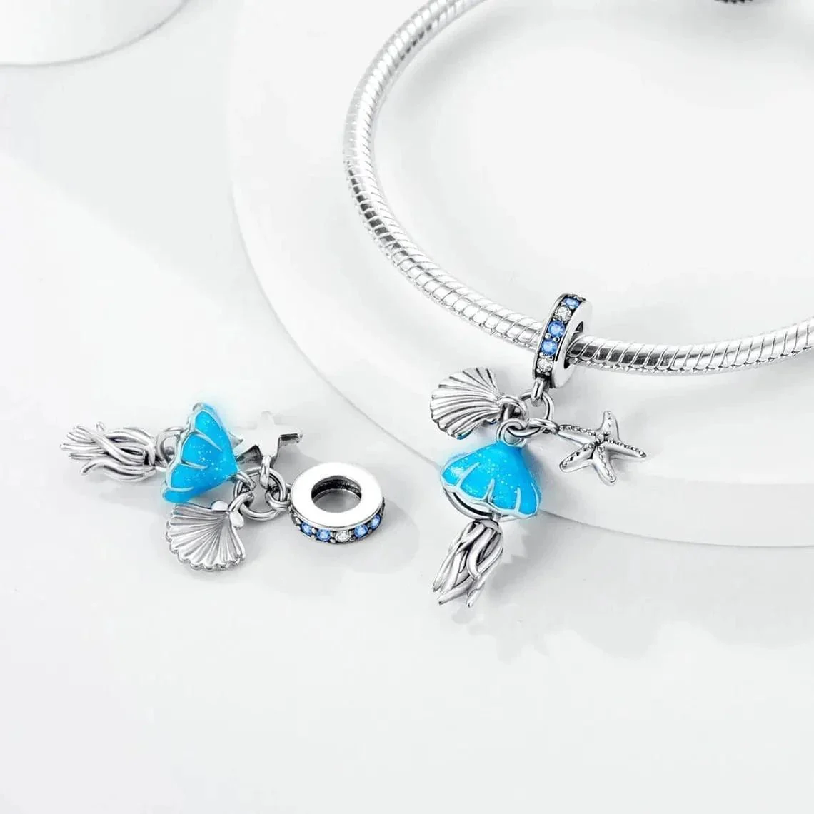 Glow in the Dark Jellyfish Clam and Starfish Triple Dangle Charm