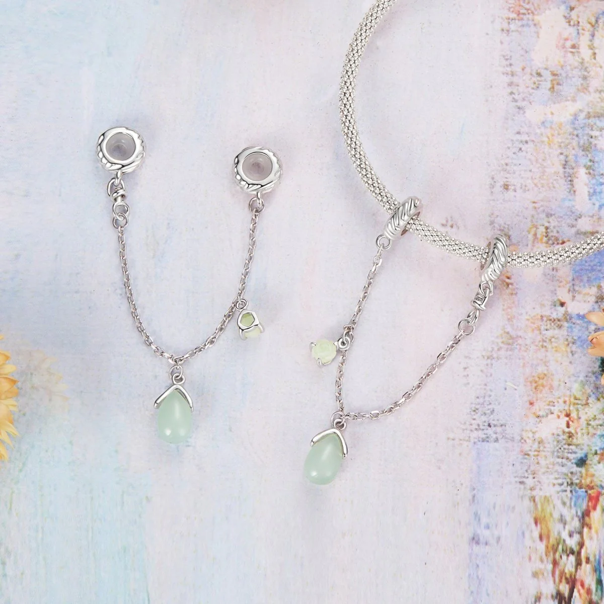 Green Teardrop & Crystal Safety Chain Charm